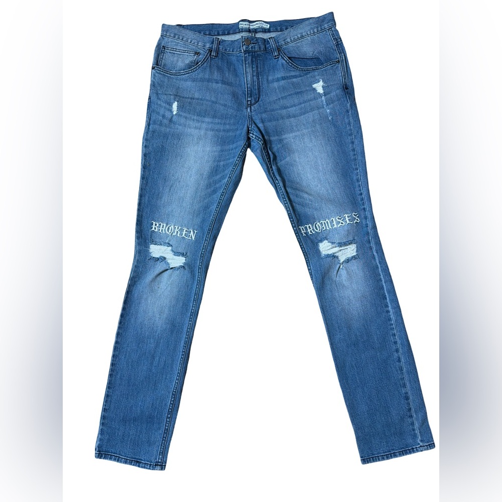Men's Slim Blue Distressed Jeans - Broken Promises